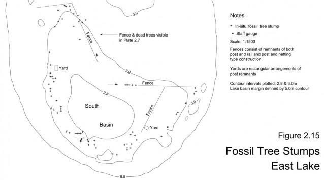 Post and rail fencing and stumps from trees which colonised the lake basin during a very dry period in the 1800’s.  Stumps are frequently preserved along the fence lines suggesting they grew while the fences were still serviceable.  Similar fence remains occur in West Lake.